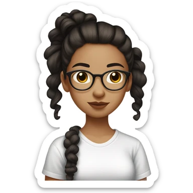 Light skinned girl with a dark brown ponytail with a scrunchie and is wearing a white t shirt and is wearing light glasses with acne and earrings  sticker