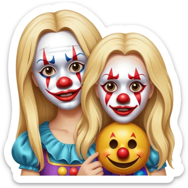 Disappointed upset Blonde girl with long hair holding one happy clown mask beside her face isolated  sticker