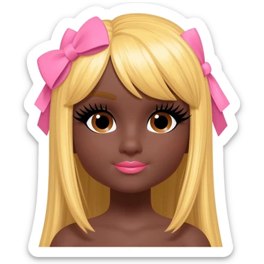 Doll with darkbrown skin with long blonde hair with pink bows, lashes, cute lips sticker
