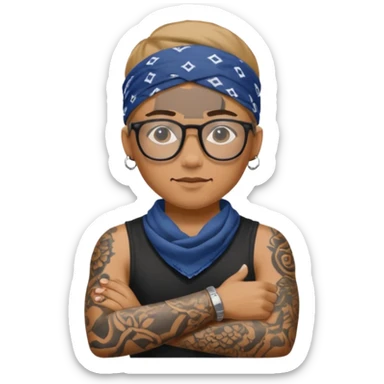 character with bandana and glasses and tattoed sticker