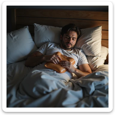 realistic hyper-detailed 4K image of a man lying in bed holding a hot water bottle on abdomen, expression of relief mixed with discomfort, domestic atmosphere sticker