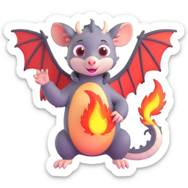 cute cartoon possum breathing fire, dressed as a dragon with wings sticker