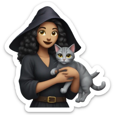 Witch with cat light kin darkhair gray cat sticker