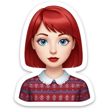 Woman in her 30s with clear white skin, oval face, large blue eyes with eyeliner, thin eyebrows, small nose, medium lips with red lipstick, dark red straight hair with bangs, wearing a red and white patterned shirt, friendly expression sticker