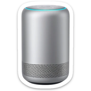 Sleek Apple-style smart speaker, minimalist design, cylindrical shape, premium materials, white or space gray color, touch surface on top, modern home device sticker