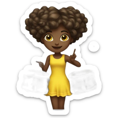 cute girl in yellow dress dark skin with yellow eyes and dark curvy hairs plays on drums sticker