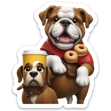 a bulldog riding a horse with bob ross and a tim hortons coffee sticker