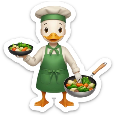 A duck holding a frying pan with sizzling vegetables, wearing green apron sticker