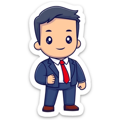 man wearing a dark blue-gray business suit with a white shirt and a red tie sticker