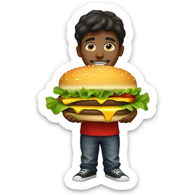 A boy with a cheeseburger as a head sticker