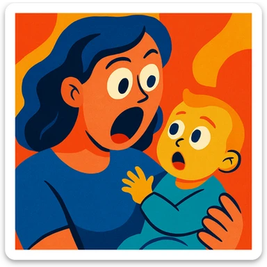 a mother looking at her child with shocked eyes, vibrant colors, modern illustration sticker
