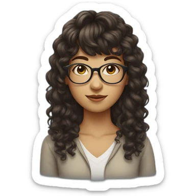 girl with curly dark brown hair and bangs and thin glasses sticker