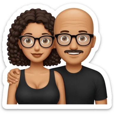A picture of a happy tanned couple. the man is a Mexican man with tanned skin, a bald hair cut, short beard and wearing a black shirt. the woman is mixed, wearing black rectangle glasses, with long curly dark brown hair and with big boobs  sticker