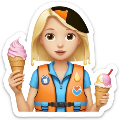 girl blonde kid wearing lifejacket, holding ice cream sticker