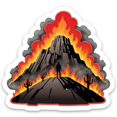 Minimalist emoji-style sticker of a silhouette of the Hollywood hill with ruined “HELLWOOD” sign, smoke and flickering flames in desaturated red

 sticker