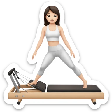 a girl doing reformer pilates, she is wearing a white fit and she has dark straight and loose hair.  sticker