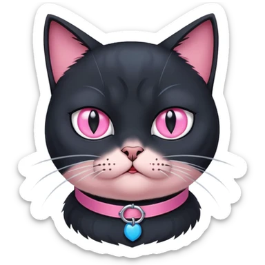 black cat with a pink collar. feels disgusted. one eye is light gray, the other is blue sticker