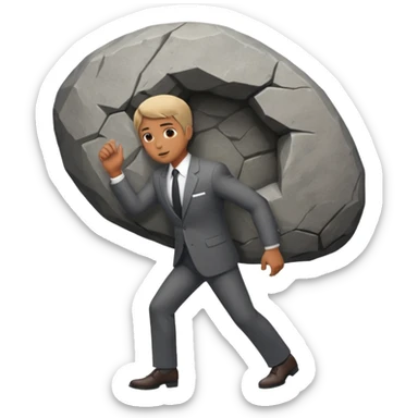 a man in a suit  pushing a huge rock sticker