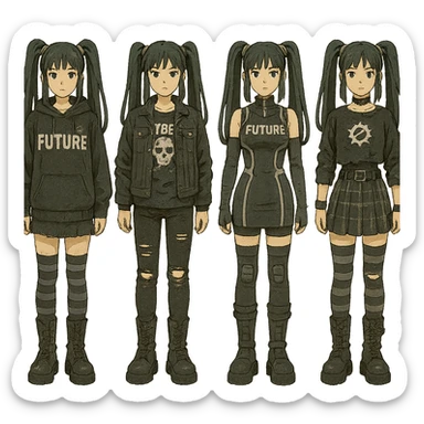 outfit designs for a VTUBER OC. The style is mixed 90's grunge, punk, lots of black and white in the color scheme, futuristic aesthetic. Clothing has small rips and tears from wear, logos and designs are faded. Garage, Shoegaze, postmodern style. character design concept art outfits for a female. [[FUTUREPUNK CYBERGOTH]] front on view, not 3/4 angle or any angle, perfect front sticker