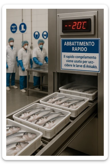 a fish processing facility where freshly caught fish are placed on trays and moved into a large industrial freezer. A temperature gauge shows -20°C, and an educational label explains that rapid freezing (abbattimento) is used to kill Anisakis larvae. The background includes workers in protective clothing and clear signage about food safety. in italiano sticker