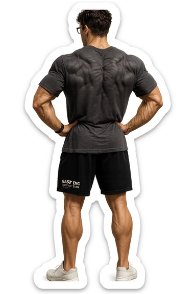 lascia questo ragazzo identico ma fallo in piedi di spalle con fasci muscolari della schiena contratti, senza macchinari, solo la sua figura, iperealistico 4k sticker