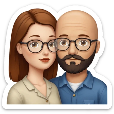 Couple. Bald man with dark brown-black beard. White woman with many small, faded freckles, she has white skin and she has auburn-brown-cinnamon, dark long hair. She has light brown eyes. The man have hazel eyes and the man wear glass. She have light eyes. Retro style. She kisses him. sticker