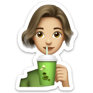 Girl long, wavy & brown haired drinking matcha  sticker