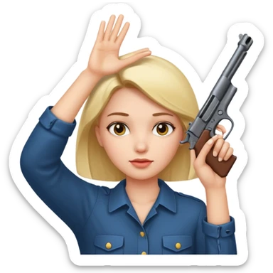 Girl holding hands up to head in shape of a gun sticker