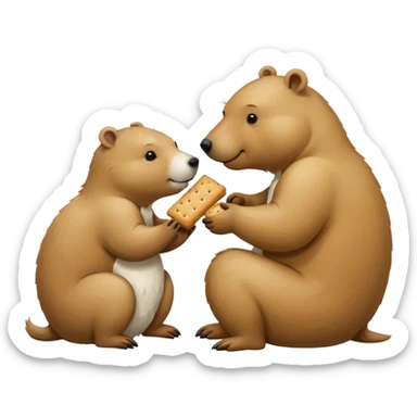 small capybara and a snow bear eating biscuits with each other sticker