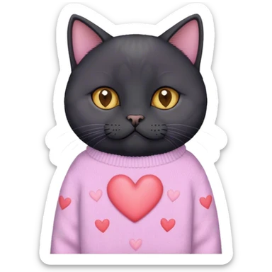 cute black british cat sitting 
 in a cute pastel sweater with hearts sticker