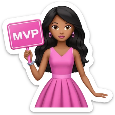 Black barbie, long black  hair, pink dress holding mvp sign  sticker