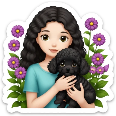 A long-haired girl holding a black maltipoo puppy in the flowers sticker