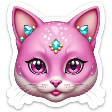glamorous cat portrait, head and shoulders only, exaggerated pink makeup, bright eyeshadow, long eyelashes, shiny blush cheeks, sparkling face gems, glitter accents, elegant earrings, fantasy beauty style, cute 3D cartoon, mobile game icon style, clean background, no text, no watermark
 sticker
