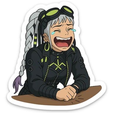 1 female, single long white braid with lavender tips. Cybergoth futurepunk, crying from laughter, pounding her fist on a table, “wheeze emoji” facial expression, hilarious  sticker