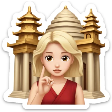 The girl twists her finger at the temple sticker