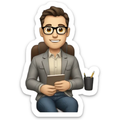 Pale skinned Fit Man With dark brown hair in gray jacket, beige office shirt and vintage glasses sitting In a soft chair with a notebook with emblem Ψ and a pen in his hands sticker