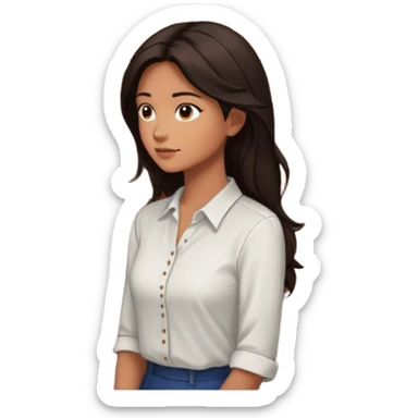 woman side profile standing next to a brick wall of which she is both just behind and just outside of, looking past the edge of the brick wall into the empty space sticker