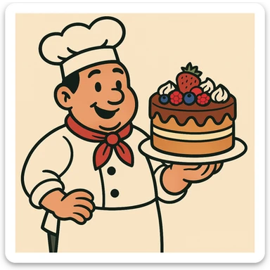 a pastry chef with a cake and a hat sticker