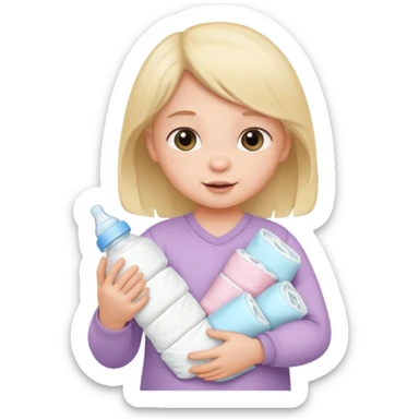 CUTE BABY GIRL WITH BOTTLE AND STACK OF DIAPERS sticker
