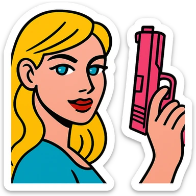 white girl with blue eyes, pink manicured hand holding a pink gun, confident expression sticker