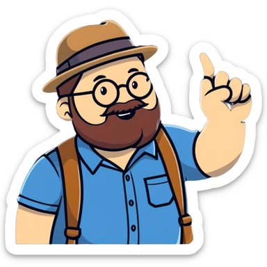 Fat bearded nerd wearing fedora hat pointing up to the sky with finger sticker