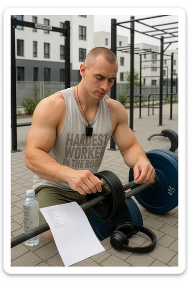 un uomo prepara con cura il suo set di pesi e la cintura per streetlifting, controllando una lista di esercizi e ripetizioni scritta su un foglio. Accanto a lui, una borraccia e delle cuffie. L’espressione è serena e sicura, a sottolineare l’importanza della programmazione per un allenamento efficace. Lo sfondo è un’area fitness urbana, pulita e ben attrezzata. sticker