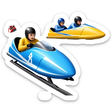 An icon featuring a sleek bobsled with athletes racing down an icy track at high speed, helmets on and bodies aligned for aerodynamics. The scene is set in a stunning snowy mountain valley with pine trees, spectators, and crisp blue sky. Transparent background captures the thrill of bobsleigh. sticker