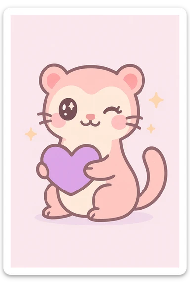 flirtatious ferret with a purple heart, kawaii style, sparkly eyes, charming pose sticker