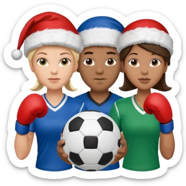 crie a imagem de 3 atletas, um homem no meio e duas mulheres, de modalidades esportivas diferentes, usando elementos esportivos, como por exemplo bola de futebol, luvas de luta e bola de vôlei... e usando um chápeu de papai noel das cores verde e azul. sticker