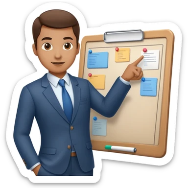 professional figure pointing at a task board or flowchart. The character wears business casual clothing sticker