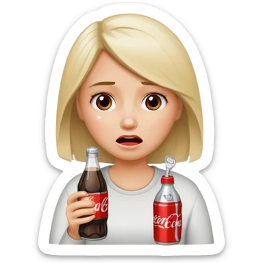 Girl crying holding a Diet Coke sticker