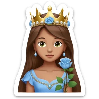 a 12 year old girl with shinny long brown hair and pretty green eyes that have long dark eye lashes wearing a sky blue gown in a beautiful forest with adorable animals and stunning roses and lilacs surrounding her as she smells the only sky blue rose she is also wearing a crown that has pearls sticker