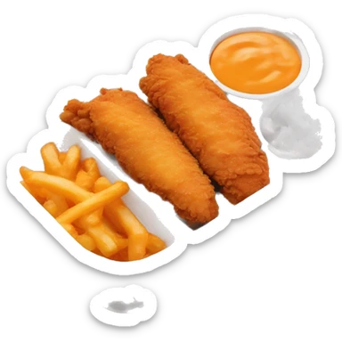 3 chicken tenders with crinkle fries and orange sauce on the side in a styrofoam container styrofoam container sticker