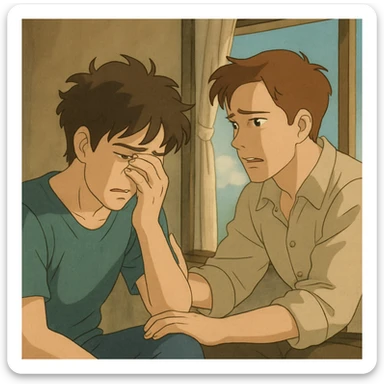 two men, gay couple, breaking up, emotional scene, in ghibli style sticker